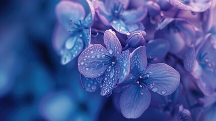 A vibrant bunch of purple flowers adorned with glistening water droplets. Perfect for adding a...