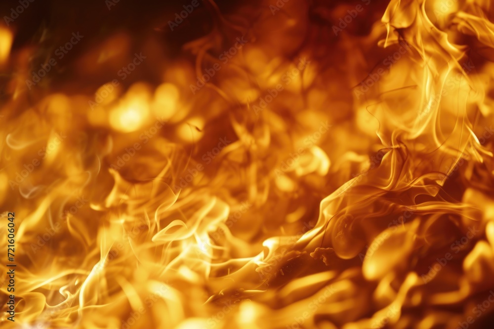 Poster A close-up view of a fire with intense yellow flames. This captivating image can be used to depict warmth, energy, danger, or even a cozy atmosphere.