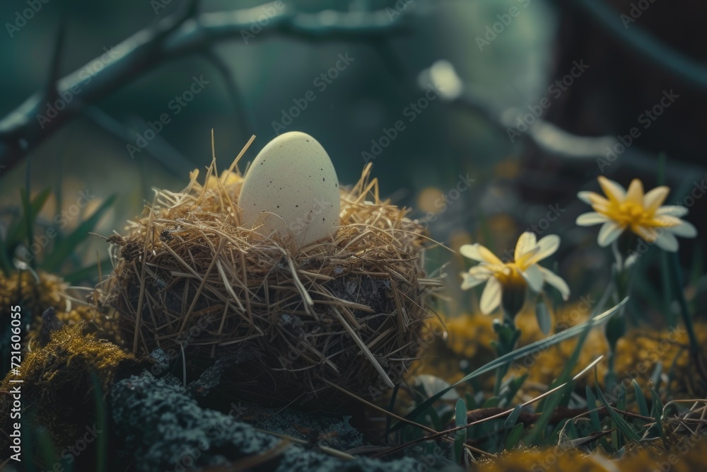 Poster a white egg sitting on top of a nest. suitable for various nature-themed projects and easter-related