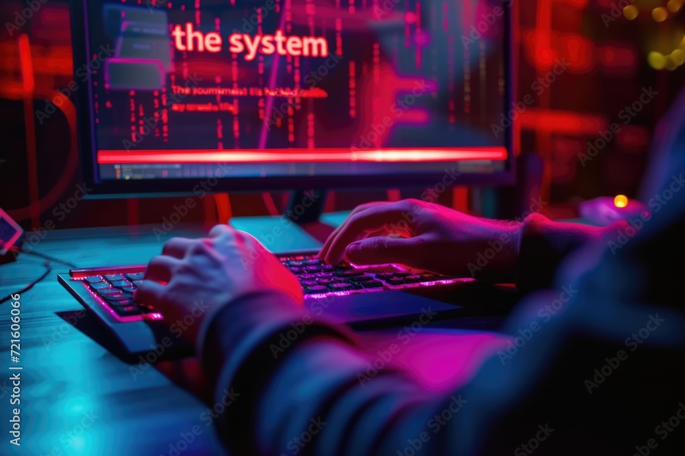 Poster A person typing on a keyboard in front of a computer. Suitable for various digital and technology-related concepts