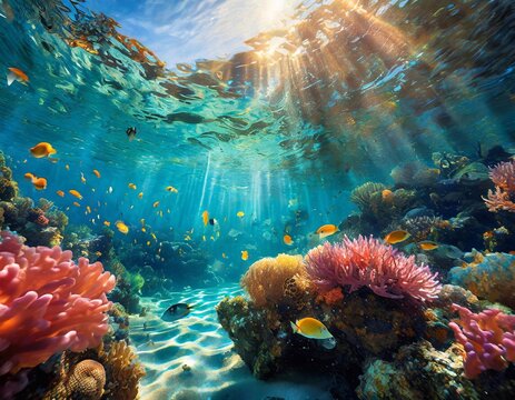Underwater view of the coral reef with fish and rays of sunlight