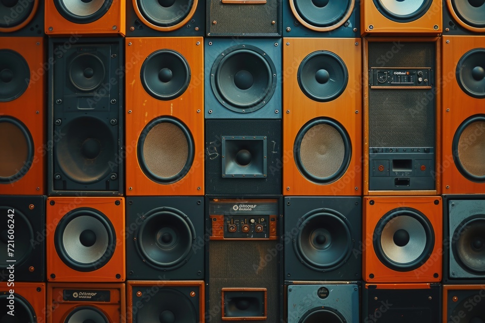 Poster A stack of speakers arranged on top of each other. Versatile and suitable for various audio-related concepts