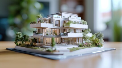 A detailed model of a building placed on a table. Ideal for architectural presentations and scale modeling