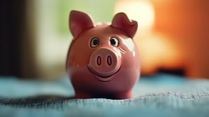 A pink piggy bank sitting on top of a bed. Perfect for illustrating savings and financial concepts