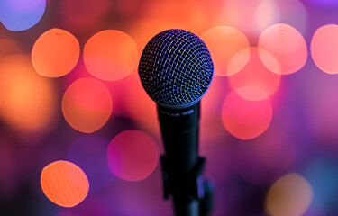 Microphone on stage against pastel bokeh background