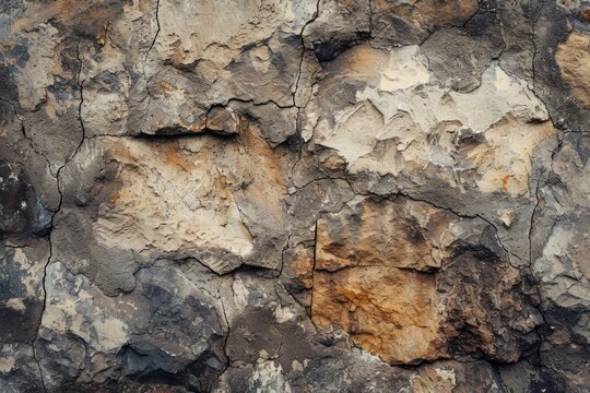 A detailed close up of a rock wall with visible cracks. Can be used to depict concepts of erosion, decay, or nature's strength.