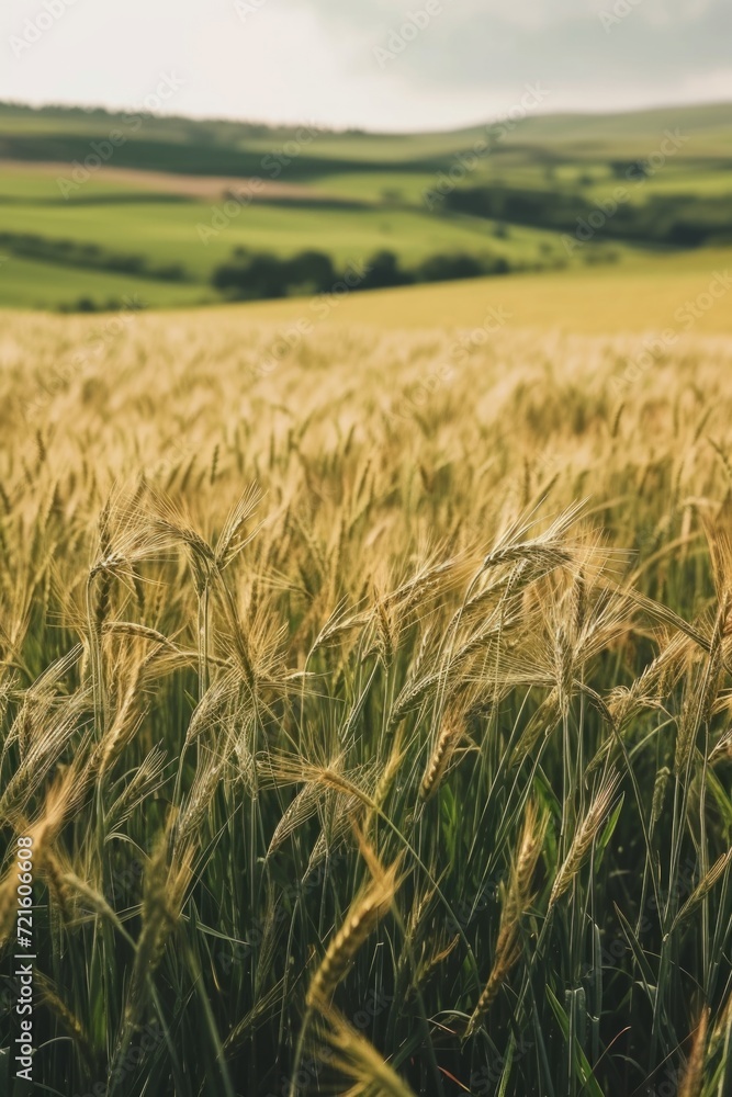 Poster a picturesque scene of a wheat field bathed in sunlight. suitable for various uses