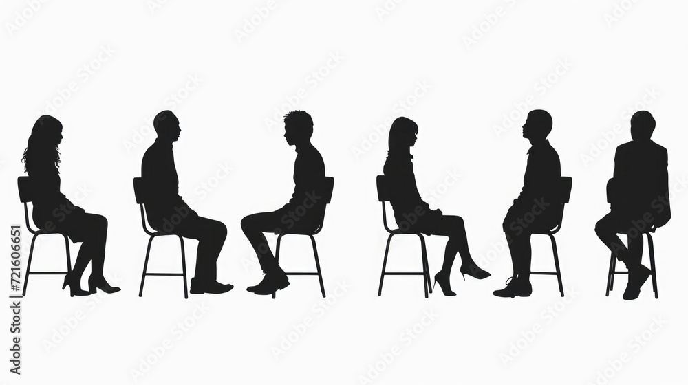 Poster Silhouette of a group of people sitting on chairs. Versatile image suitable for a variety of concepts and themes