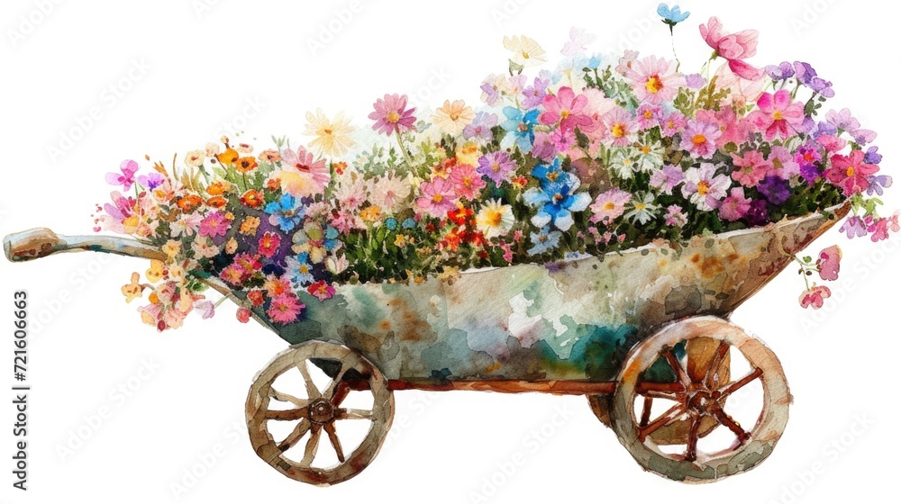 Poster a painting of a wheelbarrow filled with flowers. this vibrant and colorful image can be used to add 