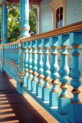 A close up view of a railing on a house. This image can be used to showcase architectural details or as a background in real estate or home improvement projects