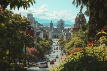 Fototapeta premium A view of a city street with a clock tower in the background. This image can be used to represent the urban landscape and the passage of time