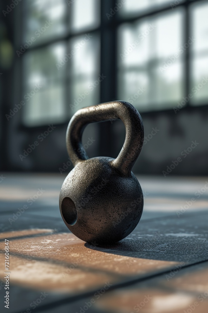 Poster a kettlebell sitting on the ground in front of a window. can be used for fitness and exercise concep