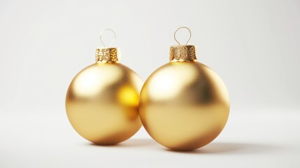 Two shiny gold Christmas ornaments on a white surface. Perfect for holiday decorations and festive designs