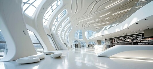 Obraz premium Modern minimalist interior of open space public place in modern building. Soft hues with a predominance of white color, organic natural shapes, floor-to-ceiling windows. Contemporary interior design.