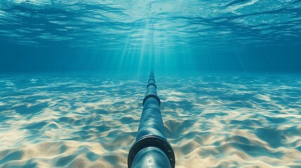 Underwater oil and gas pipeline with subsea equipment for metal conduit transport in blue ocean - obrazy, fototapety, plakaty
