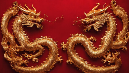 Golden Chinese dragons on red background, Chinese New Year, Year of the Dragon