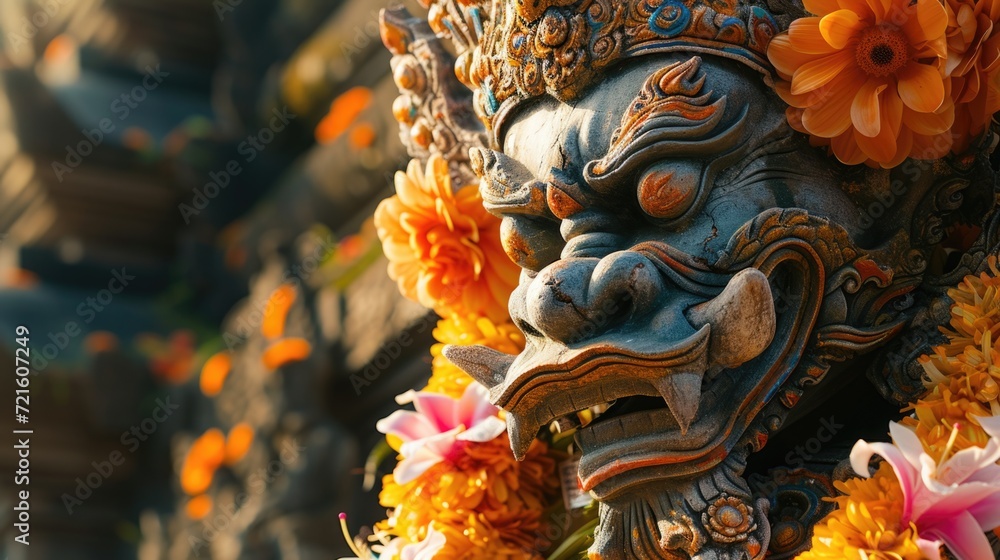 Poster a close up view of a statue with flowers surrounding it. this image can be used to depict beauty, na