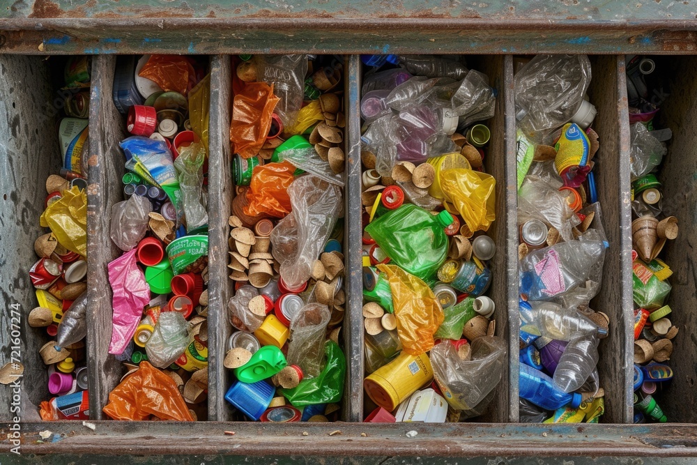 Poster a wooden box filled with various colored plastic bottles. this image can be used for showcasing diff