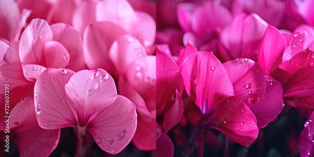 Poster a beautiful bunch of pink flowers covered in sparkling water droplets. perfect for adding a touch of
