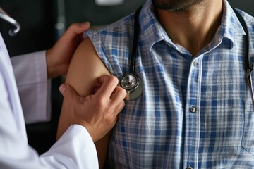 Fototapeta premium Doctor using a stethoscope to examine the patient's shoulder. Can be used for medical and healthcare-related designs