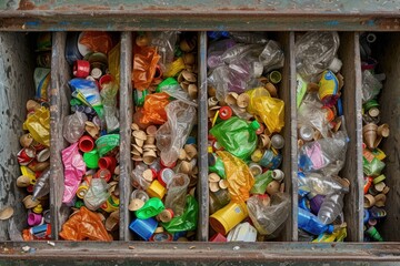 A wooden box filled with various colored plastic bottles. This image can be used for showcasing different types of plastic bottles or for representing recycling and environmental themes