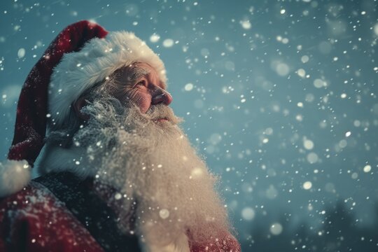 A picture of a man dressed as Santa Claus standing in the snow. Perfect for holiday-themed designs and Christmas promotions