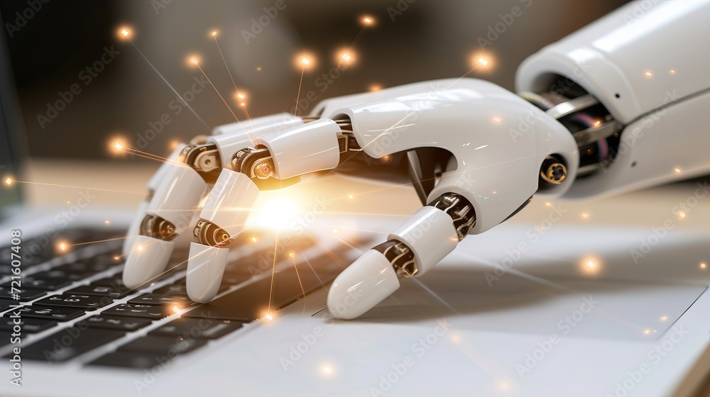 Aufkleber ai robot hand typing on laptop with glowing infographic lines in business setting