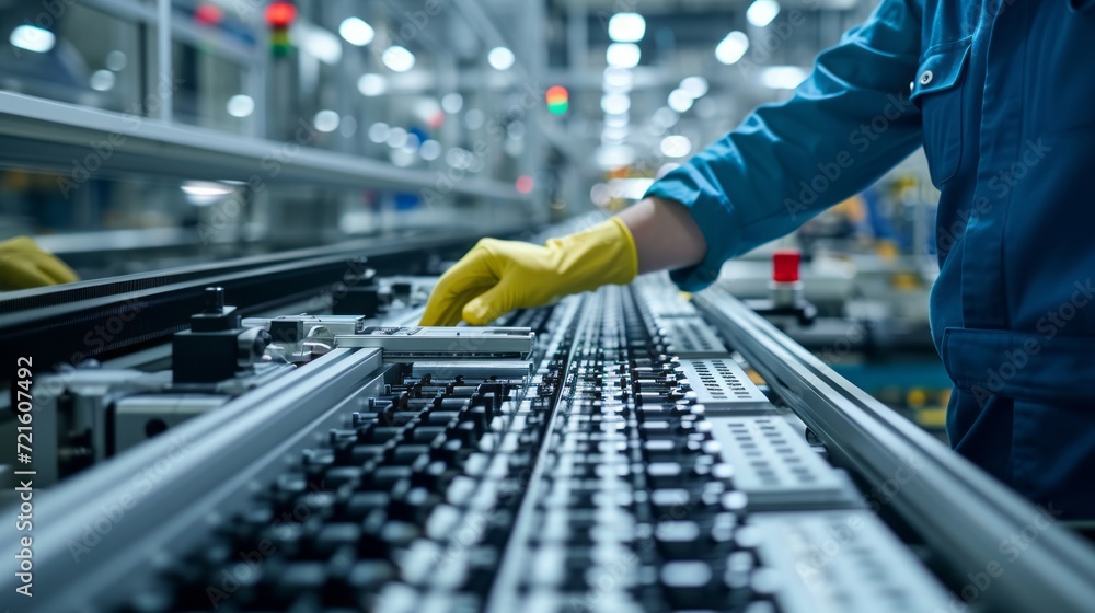 Poster close-up of assembly line in a modern hi-tech facility. conveyor in a bright modern industrial works
