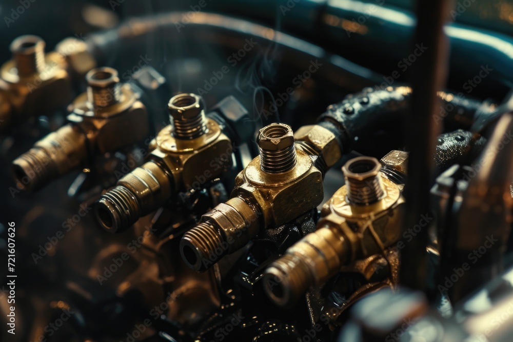 Aufkleber a detailed close-up view of a bunch of valves on a machine. this image can be used to illustrate ind