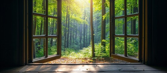Captivating Forest View Through Open Window: A Serene Perspective on Nature's Beauty, Open, Window,...