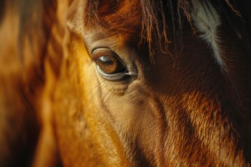 A detailed view of a brown horse's eye. This image can be used to depict the beauty and depth of horses or to convey emotions and expressions through their eyes