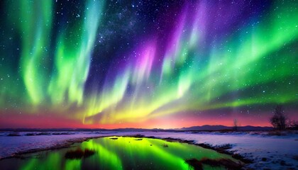Aurora borealis, northern lights over lake in winter.