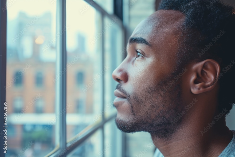 Poster a man is seen looking out of a window with a city in the background. this image can be used to depic
