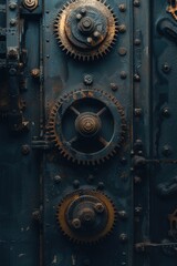 A detailed close-up of a metal door featuring intricate gears. This image can be used to represent industrial machinery, mechanical systems, or steampunk aesthetics
