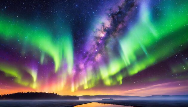 Aurora borealis, northern lights in the sky over lake