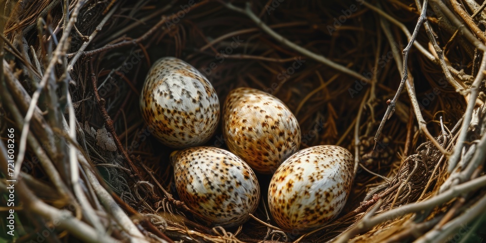 Poster a nest with three eggs, carefully placed among twigs and branches. perfect for nature-themed designs