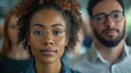 A woman with glasses standing next to a man. Suitable for various professional or personal contexts