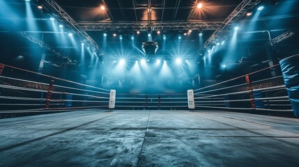 Spectacular view of an empty professional boxing ring in a spacious arena with dazzling spotlights