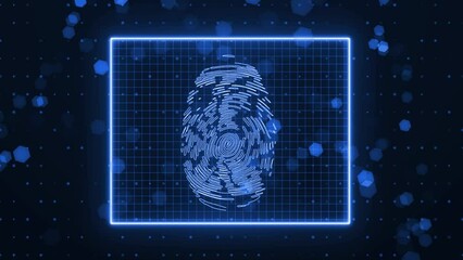 Biometrical Finger Print Scanner Animation, Biometric Fingerprint Scanner System, Fingerprint Scanner Hud Animation Technology Background. Abstract Futuristic Animation Of Human Fingerprint Scan Anima