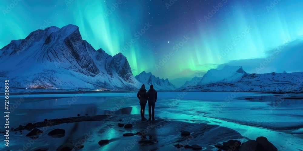 Poster a captivating scene of two individuals standing on a beach, gazing at the mesmerizing display of the