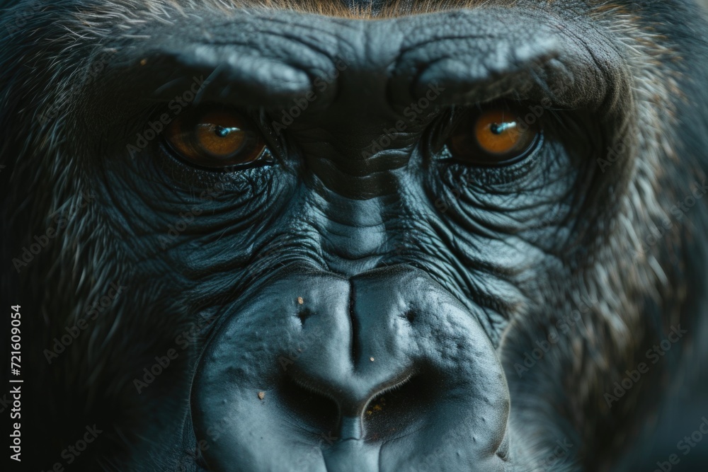 Aufkleber A close-up view of a gorilla's face against a black background. This image can be used to showcase the detailed features and expressions of a gorilla
