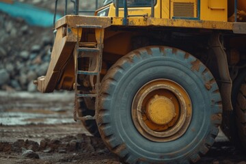 Fototapeta premium A close up view of a large yellow truck on a dirt road. This image can be used to illustrate transportation, construction, or industrial themes