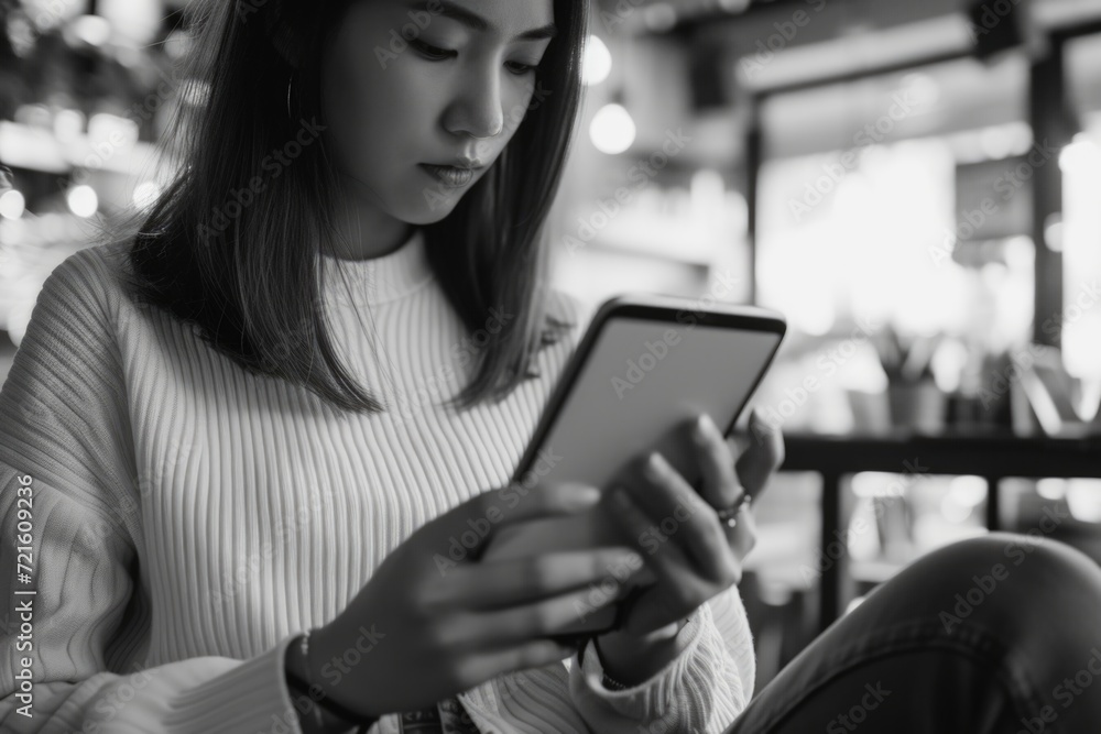 Poster A woman sitting down using a tablet computer. This image can be used to illustrate technology, digital communication, or online browsing