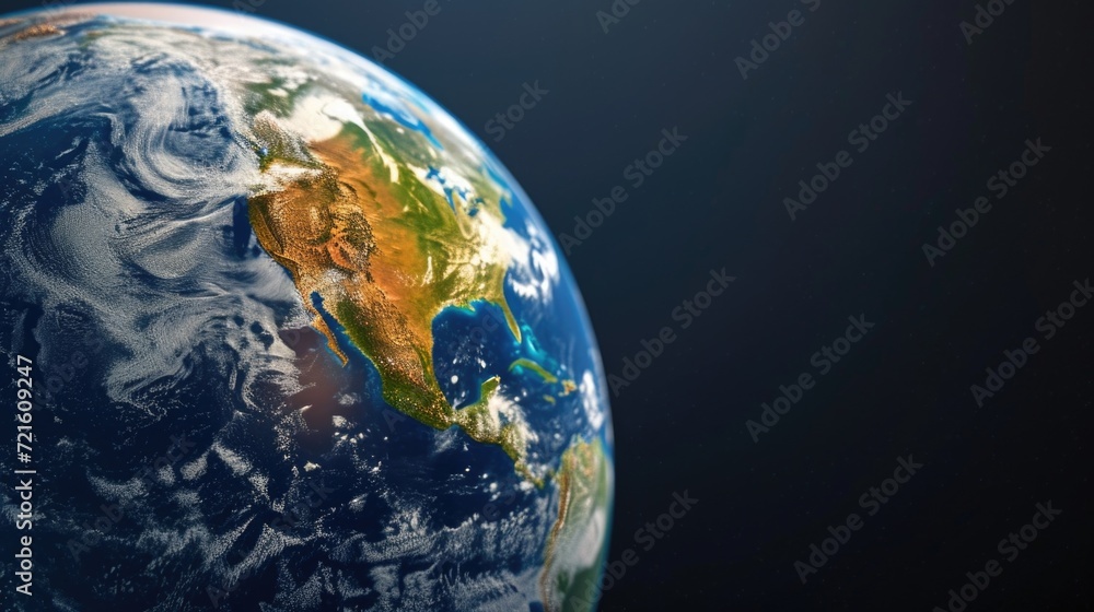 Poster A view of the earth from space with a blue background. Can be used to illustrate concepts related to space exploration, planet Earth, global perspective, or environmental themes