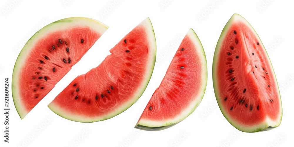 Poster Slices of watermelon arranged in a group on a white surface. Perfect for summer-themed designs and refreshing food concepts