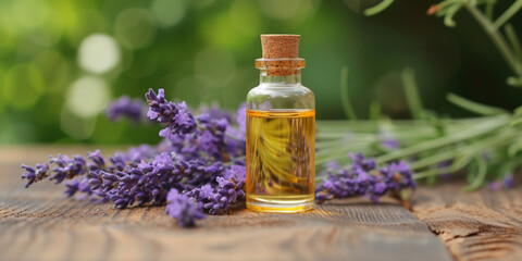 Organic lavender essential oil in dark glass transparent bottle and fresh lavender flowers on background. Aromatherapy herbal treatment beauty treatment serum natural face and body care