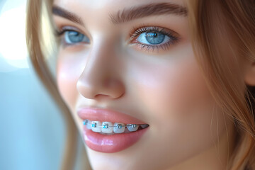 woman in braces, brace,dental care, malocclusion, orthodontic health.  - obrazy, fototapety, plakaty