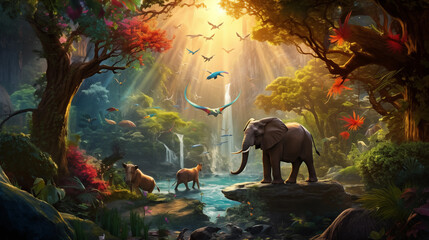Enchanted Forest Wildlife Sanctuary with Majestic Elephant and Exotic Birds