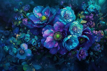 Fototapeta na wymiar floral background, botanical flower bunch, dark turquoise and dark purple, pink, red, yellow, vintage motif for floral print digital background.