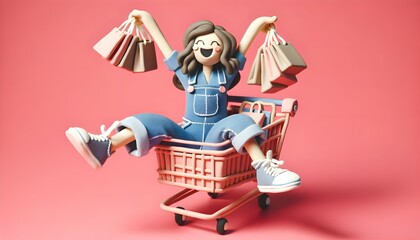 Personnage en pâte à modeler : Shopping, femme dans un chariot de supermarché